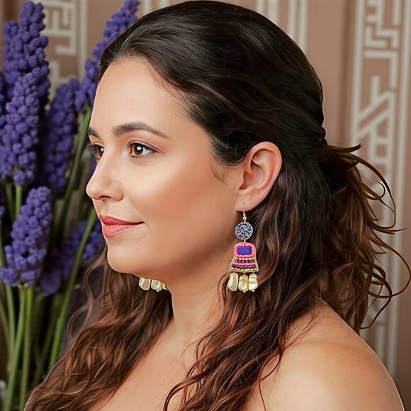 π Indian Artisan Handmade Beaded Trendy Statement Earrings Boho Festival Vibes - Picture 3 of 14